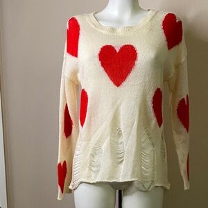 TCEC distressed bottom Cream Soft semi sheer Sweater with Red Hearts ❤️